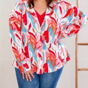 NWT Emily Wonder Button Up Corduroy Abstract Colorful Shirt Shacket 2X